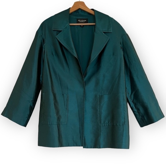 ST. JOHN COUTURE Sharkskin Silk Wool Blend Teal Open Front Jacket Blazer Size 8 - Picture 5 of 10